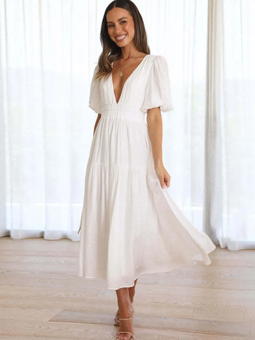 Robe Boho Robe d'été plissée à manches courtes et col en V