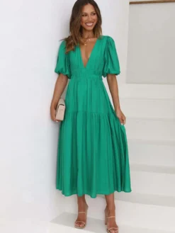 Robe Boho Robe d'été plissée à manches courtes et col en V