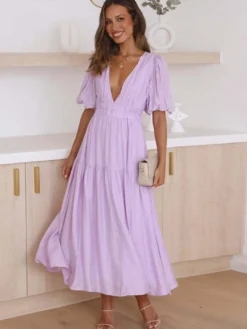 Robe Boho Robe d'été plissée à manches courtes et col en V