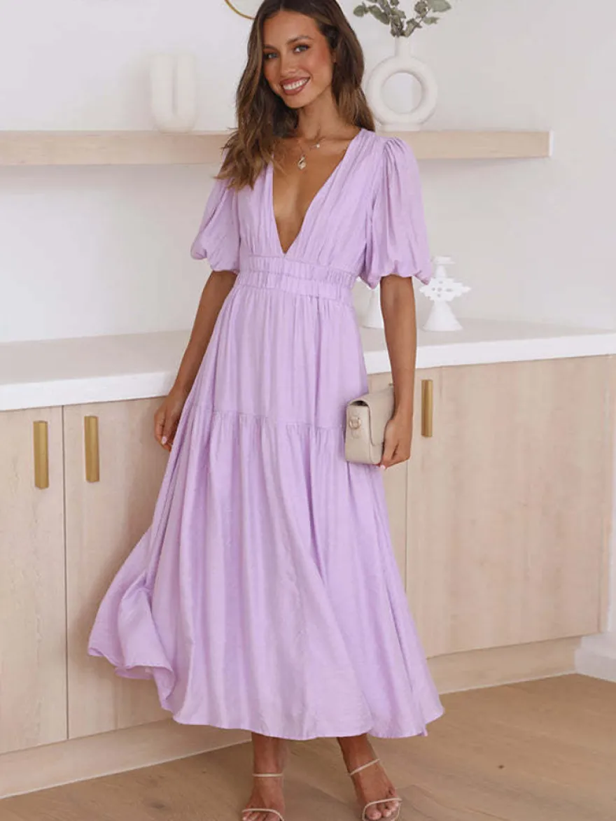 Robe Boho Robe d'été plissée à manches courtes et col en V