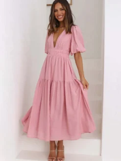 Robe Boho Robe d'été plissée à manches courtes et col en V