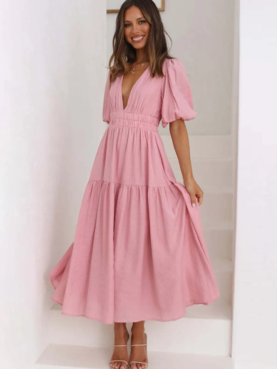 Robe Boho Robe d'été plissée à manches courtes et col en V