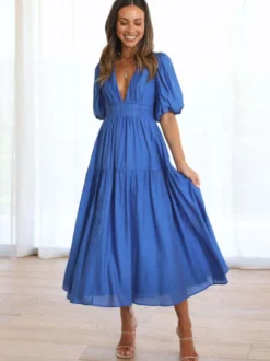 Robe Boho Robe d'été plissée à manches courtes et col en V