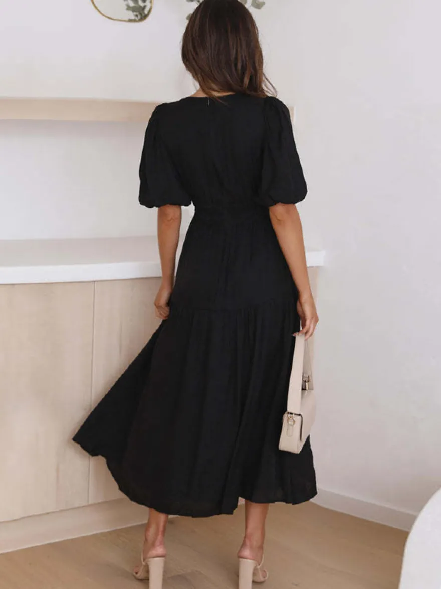 Robe Boho Robe d'été plissée à manches courtes et col en V