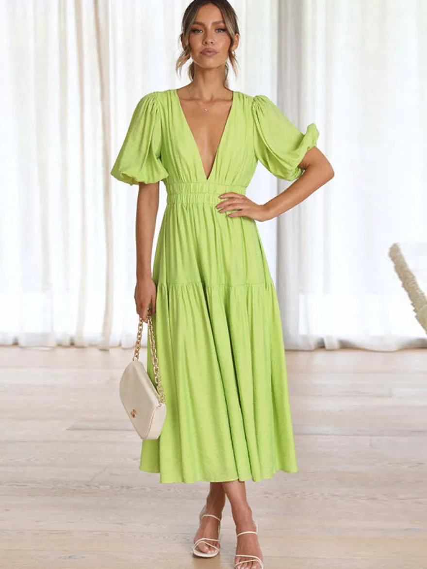 Robe Boho Robe d'été plissée à manches courtes et col en V
