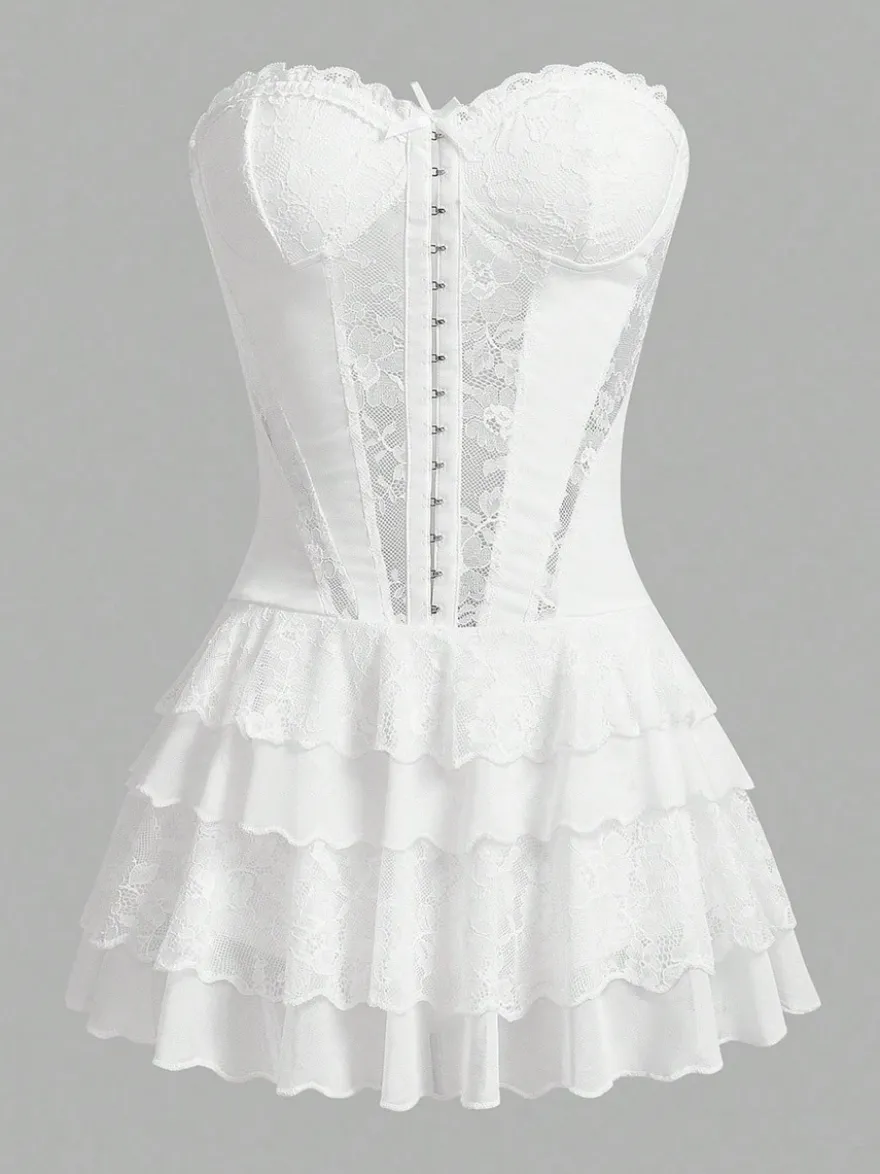 Robe bustier mini sans bretelles en dentelle à volants multiples jupe à volants style gâteau