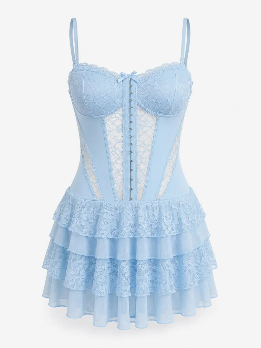 Robe bustier mini sans bretelles en dentelle à volants multiples jupe à volants style gâteau
