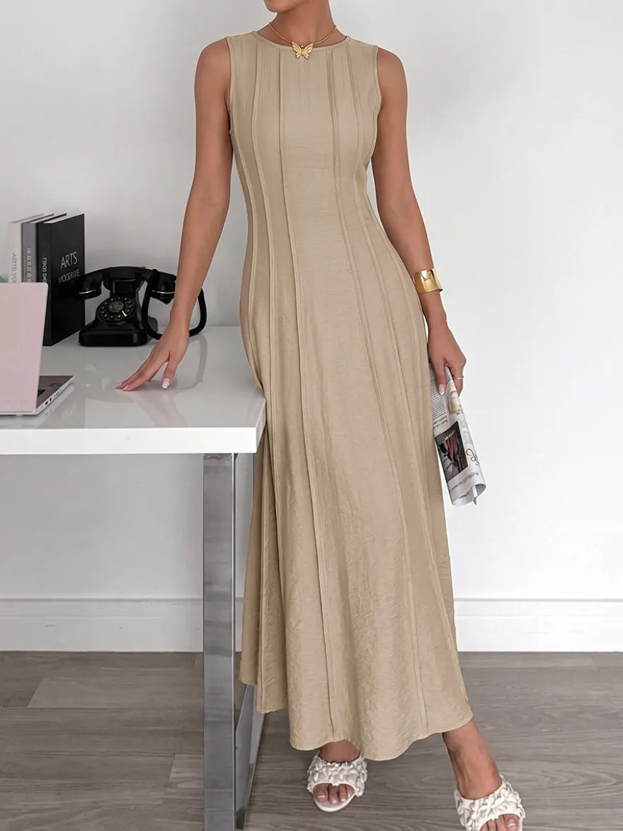 Robe camel sans manches en maille maxi à col rond et coupe ajustée style décontracté