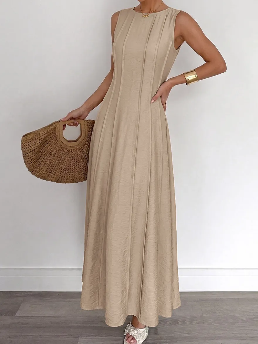 Robe camel sans manches en maille maxi à col rond et coupe ajustée style décontracté