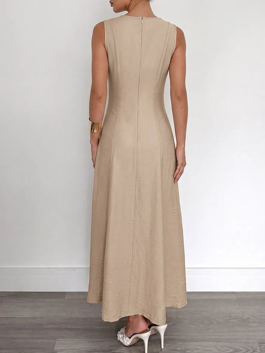 Robe camel sans manches en maille maxi à col rond et coupe ajustée style décontracté