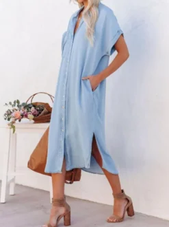 Robe chemise bohème bleu ciel clair pour femme - Robe midi ample à manches courtes et boutons - Collection été 2026