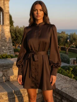 Robe-chemise courte en satin marron à col montant et manches lanternes pour femme 2026