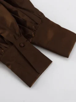 Robe-chemise courte en satin marron à col montant et manches lanternes pour femme 2026
