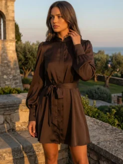 Robe-chemise courte en satin marron à col montant et manches lanternes pour femme 2026