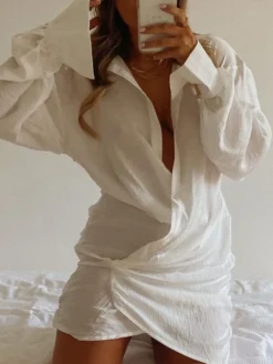 Robe-chemise courte à manches longues et col en V profond pour femme 2026