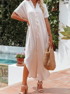 Robe-chemise en mousseline pour femme - Robe maxi ample à manches courtes et boutons sur le devant - Collection été 2026