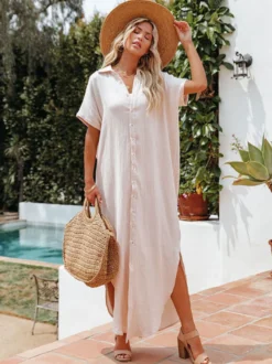 Robe-chemise en mousseline pour femme - Robe maxi ample à manches courtes et boutons sur le devant - Collection été 2026