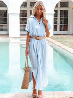 Robe-chemise en mousseline pour femme - Robe maxi ample à manches courtes et boutons sur le devant - Collection été 2026