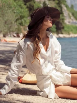 Robe-chemise en pur coton pour femme - Ensemble 2 pièces cache-cœur à nouer sur le devant - Vacances d'été à la plage 2026