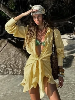 Robe-chemise en pur coton pour femme - Ensemble 2 pièces cache-cœur à nouer sur le devant - Vacances d'été à la plage 2026