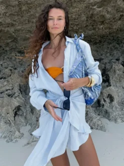 Robe-chemise en pur coton pour femme - Ensemble 2 pièces cache-cœur à nouer sur le devant - Vacances d'été à la plage 2026