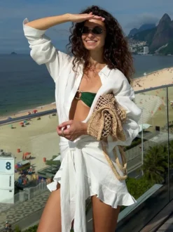 Robe-chemise en pur coton pour femme - Ensemble 2 pièces cache-cœur à nouer sur le devant - Vacances d'été à la plage 2026