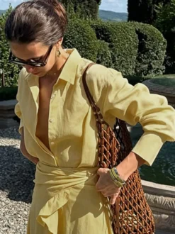 Robe-chemise en pur coton pour femme - Ensemble 2 pièces cache-cœur à nouer sur le devant - Vacances d'été à la plage 2026