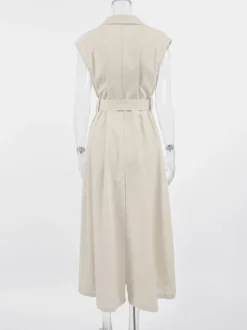 Robe-chemise femme en lin et coton mélangés couleur avoine - Robe longue sans manches à revers cranté et poche - Élégante tenue de bureau d'été avec ceinture - Collection 2026