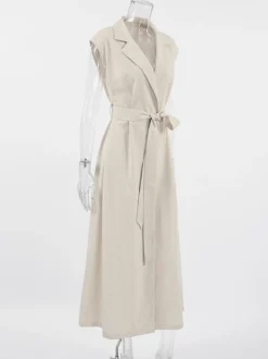 Robe-chemise femme en lin et coton mélangés couleur avoine - Robe longue sans manches à revers cranté et poche - Élégante tenue de bureau d'été avec ceinture - Collection 2026