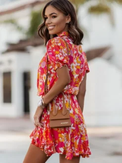 Robe-chemise fleurie éclatante pour femme - Robe patineuse mini à manches bouffantes et ceinture - Idéale pour les vacances d'été décontractées 2026