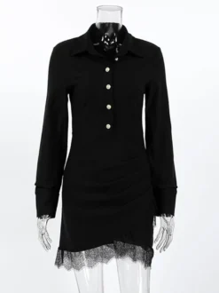 Robe-chemise froncée pour femme mini-robe chic - Ourlet en dentelle noire manches longues coupe moulante - Idéale pour le printemps du bureau au dîner (2026)