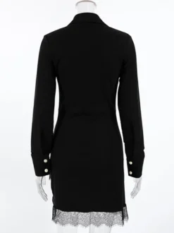 Robe-chemise froncée pour femme mini-robe chic - Ourlet en dentelle noire manches longues coupe moulante - Idéale pour le printemps du bureau au dîner (2026)