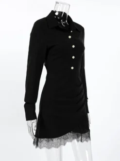 Robe-chemise froncée pour femme mini-robe chic - Ourlet en dentelle noire manches longues coupe moulante - Idéale pour le printemps du bureau au dîner (2026)
