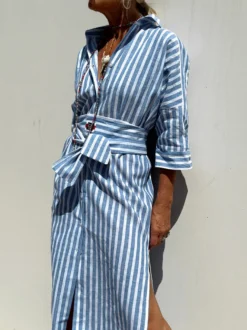 Robe-chemise imprimée pour femme - Kaftan midi décontracté à col boutonné et taille nouée - Collection été 2026