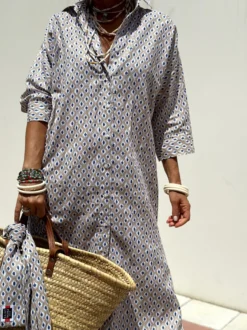 Robe-chemise imprimée pour femme - Kaftan midi décontracté à col boutonné et taille nouée - Collection été 2026