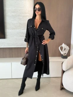 Robe chemise midi boutonnée à cordon de serrage à la taille pour femme 2026
