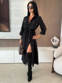 Robe chemise midi boutonnée à cordon de serrage à la taille pour femme 2026