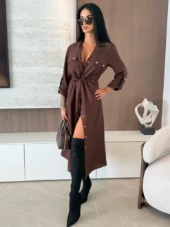 Robe chemise midi boutonnée à cordon de serrage à la taille pour femme 2026