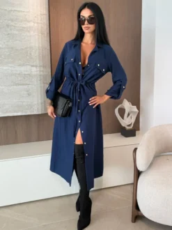 Robe chemise midi boutonnée à cordon de serrage à la taille pour femme 2026