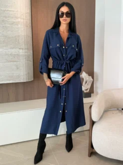 Robe chemise midi boutonnée à cordon de serrage à la taille pour femme 2026