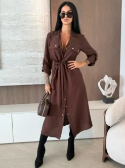 Robe chemise midi boutonnée à cordon de serrage à la taille pour femme 2026