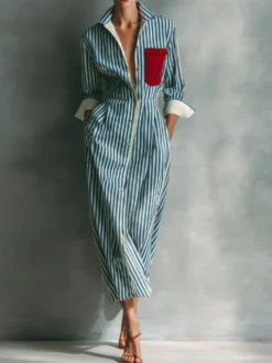 Robe chemise midi à rayures col et boutons sur le devant color block poches et manches à revers
