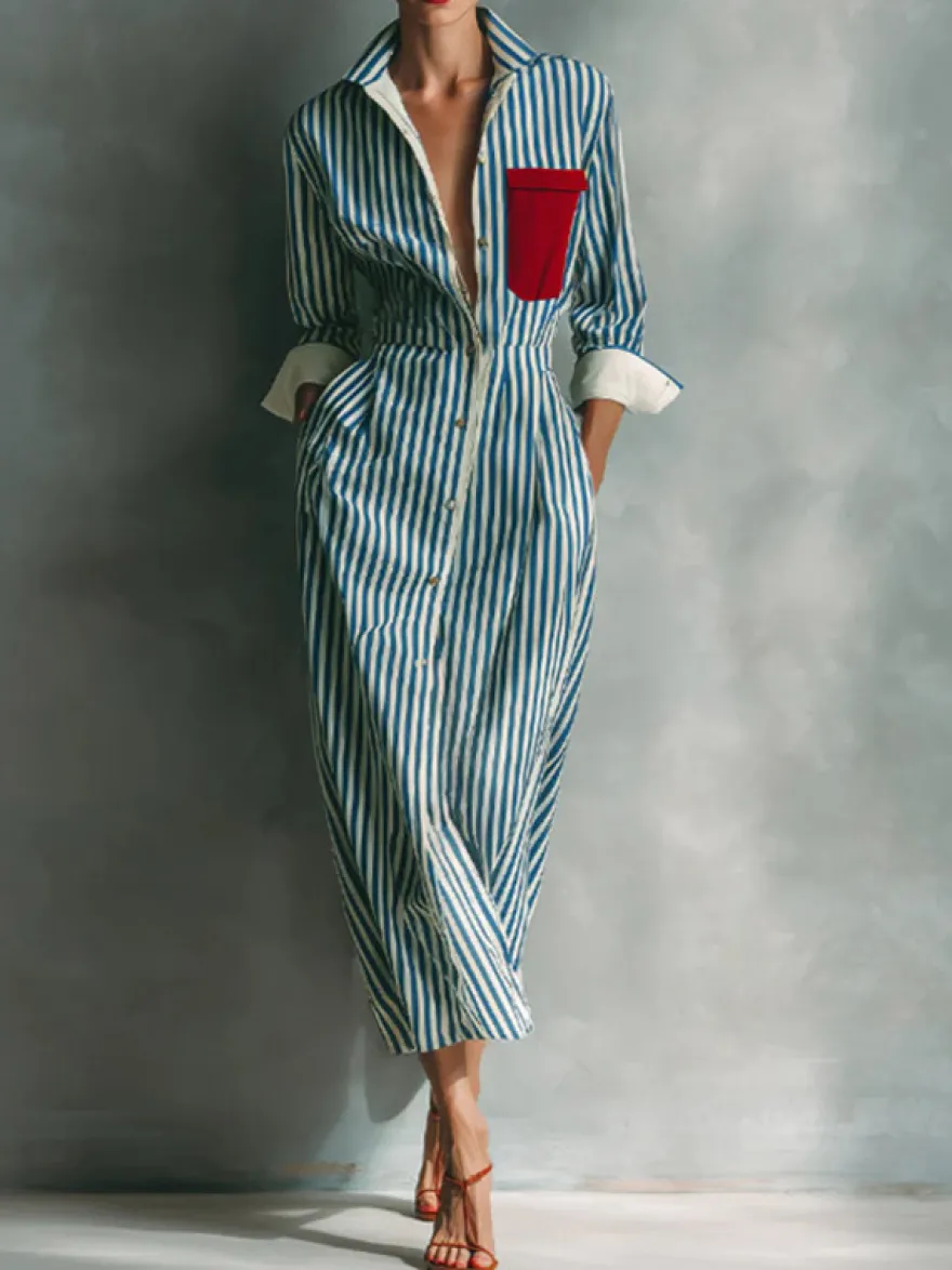 Robe chemise midi à rayures col et boutons sur le devant color block poches et manches à revers