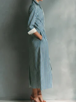 Robe chemise midi à rayures col et boutons sur le devant color block poches et manches à revers