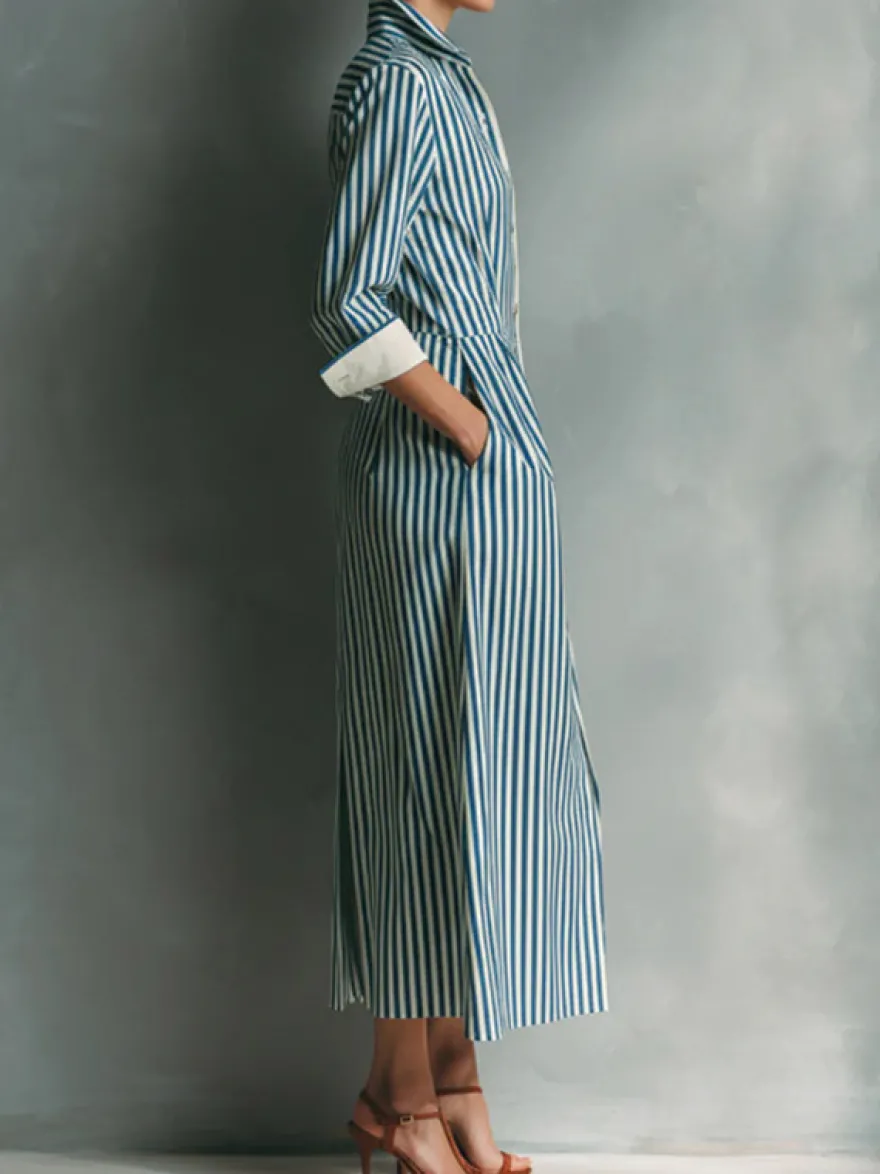 Robe chemise midi à rayures col et boutons sur le devant color block poches et manches à revers