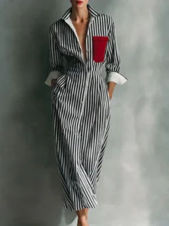 Robe chemise midi à rayures col et boutons sur le devant color block poches et manches à revers