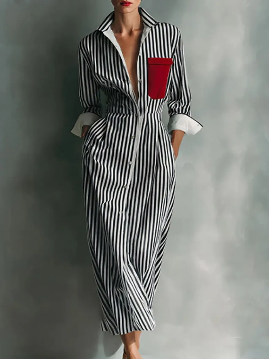 Robe chemise midi à rayures col et boutons sur le devant color block poches et manches à revers