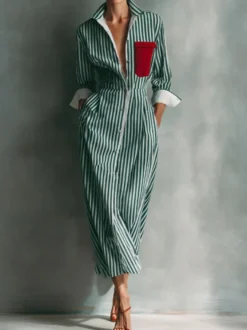 Robe chemise midi à rayures col et boutons sur le devant color block poches et manches à revers