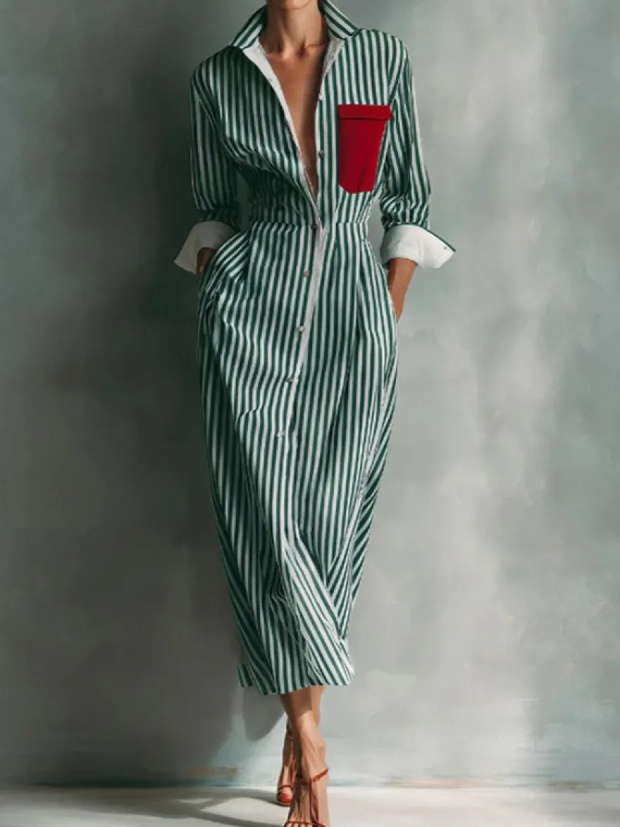 Robe chemise midi à rayures col et boutons sur le devant color block poches et manches à revers