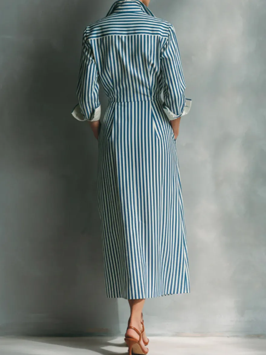 Robe chemise midi à rayures col et boutons sur le devant color block poches et manches à revers